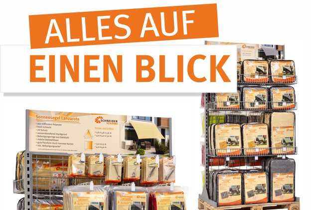 Display for Schneider sun sails featuring various sun sail models and matching accessories, clearly arranged and easily accessible for customers.