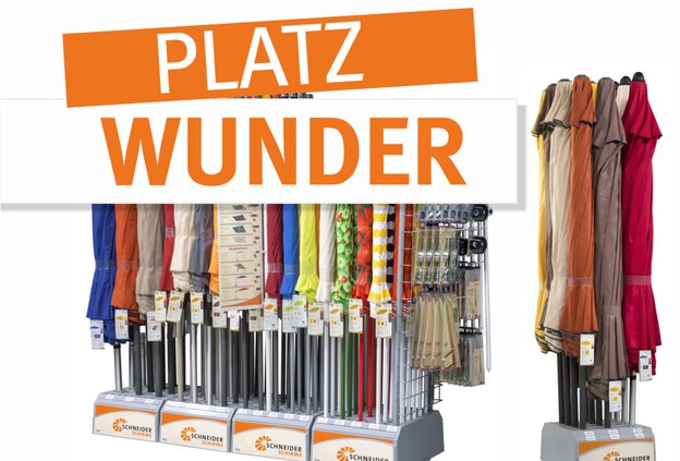 Schneider display for center pole parasols with flexible mounting for pole diameters from 25 to 48 mm, allowing easy access and clear overview of the range – shown in the image with the display fully assembled.