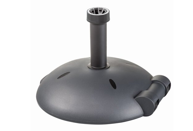 Shown on a white background: Schneider concrete stand (approx. 40 kg) with plastic coating, integrated wheels and handle. Suitable for center pole parasols up to 300 cm Ø and umbrella poles with diameters of 30–50 mm – for secure stability and flexible placement.