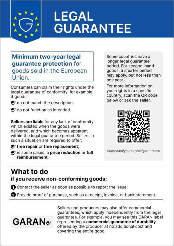 The statutory warranty label provides clear and transparent information about consumers' rights and the applicable warranty periods.