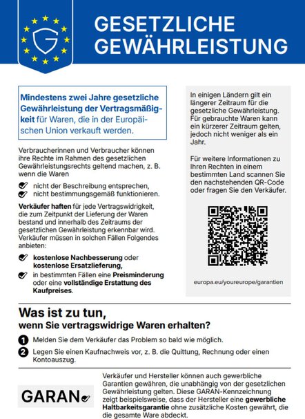 Das gesetzliche Gewährleistungslabel informiert transparent über die Rechte von Verbraucherinnen und Verbrauchern sowie die geltenden Gewährleistungsfristen.