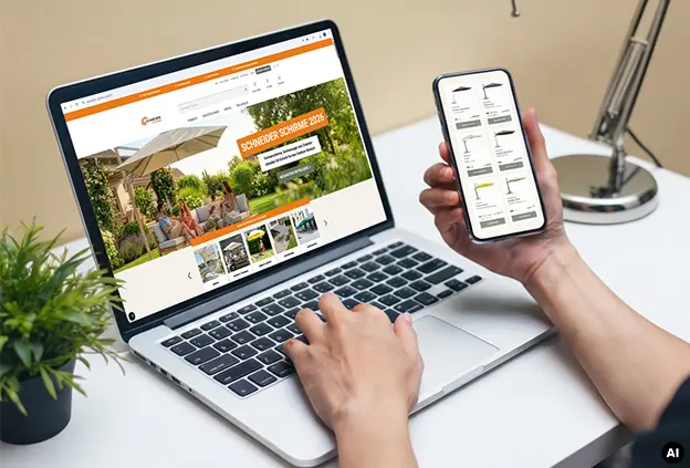 Digitale Partnerschaft im E-Commerce – Erfolgreich mit Schneider Schirme online verkaufen. (KI-generiertes BIld) Nicht erkennbare Person sitzt an einem Tisch mit Kaffeetasse, surft auf Laptop und Smartphone auf der Schneider Schirme Website – Jetzt E-Commerce Partner werden. KI-generiertes BIld.