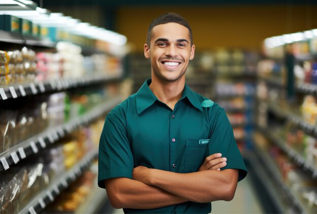 Ein Mann steht in einem Supermarkt – symbolisches Bild für den stationären Handel, für den Schneider Schirme passende Displays bietet.