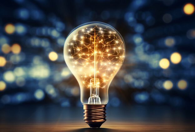Glowing light bulb in the foreground against a blue background with sparkling light effects, symbolizing ideas and contact for partnerships with Schneider Schirme.
