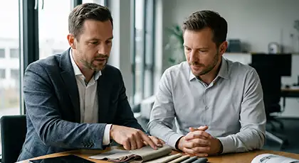Two men sit at a table in an office and look at different fabric samples, while one points to the fabrics. AI-generated image.