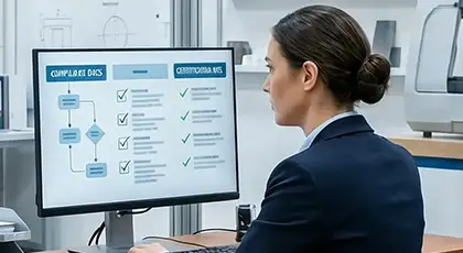 Woman sits at her desk in an office and looks attentively at a computer screen showing visualized processes and completed checklists. AI-generated image.