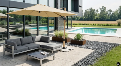 Ampelschirm Rhodos Twist Woody 300 × 300 cm in Natur spendet Schatten auf einer Gartenterrasse (KI-generiertes BIld) Ampelschirm Rhodos Twist Woody 300 × 300 cm in Natur auf einer Terrasse mit Loungemöbeln und niedrigem Tisch, mit modernem Haus, Pool und grüner Landschaft im Hintergrund. KI-generiertes BIld.