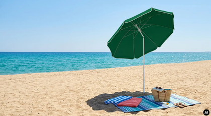 Badeschirm Isar 180 cm Ø spendet Schatten an einem sonnigen Sandstrand. (KI-generiertes BIld) Badeschirm Isar 180 cm Ø an einem weißen Sandstrand mit blauem Meer und wolkenlosem Himmel, darunter eine Picknickdecke mit Handtüchern und Badetasche. KI-generiertes BIld.