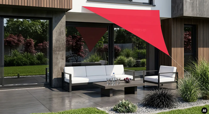 Sonnensegel Lanzarote 360 × 360 × 360 cm in Rot spendet Schatten auf einer modernen Gartenterrasse. (KI-generiertes BIld) Sonnensegel Lanzarote 360 × 360 × 360 cm in Rot über einer Sitzgruppe auf der Terrasse eines modernen Hauses, mit grünem Garten im Hintergrund. KI-generiertes BIld.