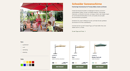 Sortimentsseite der Schneider Schirme Website mit verschiedenen Sonnenschirmen, Filtermöglichkeiten und einer Produktübersicht. KI-generiertes BIld.