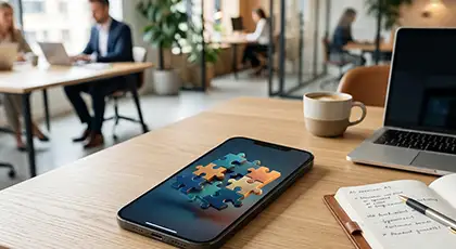 Bürotisch mit Kaffeetasse, offenem Notizbuch und Laptop, im Fokus ein Smartphone mit einer grafischen Darstellung ineinandergreifender Puzzleteile. KI-generiertes BIld.