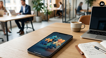Bürotisch mit Kaffeetasse, offenem Notizbuch und Laptop, im Fokus ein Smartphone mit einer grafischen Darstellung ineinandergreifender Puzzleteile. KI-generiertes BIld.