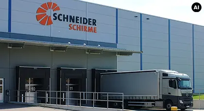 Gebäude des Schneider Schirme Hochregallagers mit drei Lkw-Laderampen, einem weißen Lkw an einer der Rampen und dem Schneider Schirme Logo an der hellgrauen Fassade. KI-generiertes BIld.