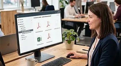 Frau sitzt an einem Schreibtisch in einem Büro und arbeitet an einem PC mit geöffnetem Programm, während im Hintergrund weitere Personen zu sehen sind. KI-generiertes BIld.