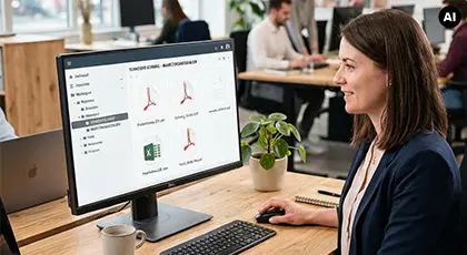 Frau sitzt an einem Schreibtisch in einem Büro und arbeitet an einem PC mit geöffnetem Programm, während im Hintergrund weitere Personen zu sehen sind. KI-generiertes BIld.