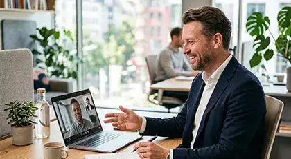Mann im Anzug sitzt an einem Schreibtisch in einem Büro und führt über seinen Laptop ein Videogespräch mit einer Person. KI-generiertes BIld.