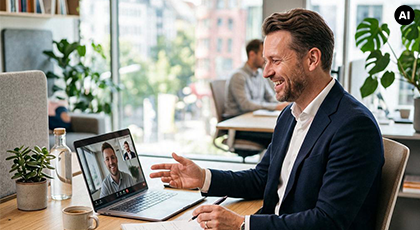 Mann im Anzug sitzt an einem Schreibtisch in einem Büro und führt über seinen Laptop ein Videogespräch mit einer Person. KI-generiertes BIld.