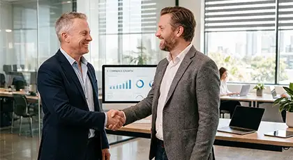 Zwei Männer im Anzug geben sich in einem modernen Büro die Hand und lächeln, im Hintergrund ist ein Bildschirm mit verschiedenen Diagrammen und Auswertungen zu sehen. KI-generiertes BIld.