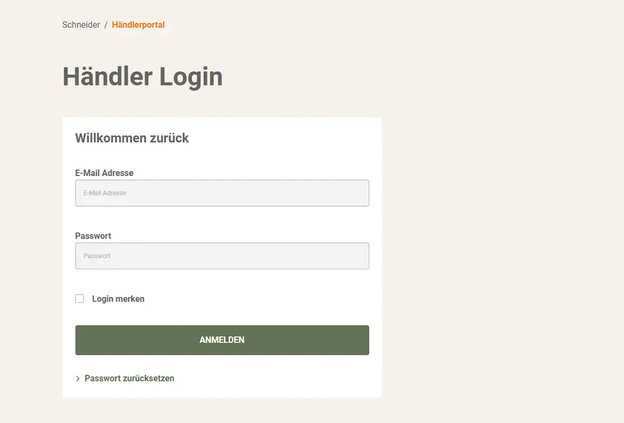 Händler Login Screenshot der Anmeldeseite des Schneider Schirme Händlerportals mit Eingabefeldern für E-Mail-Adresse und Passwort.