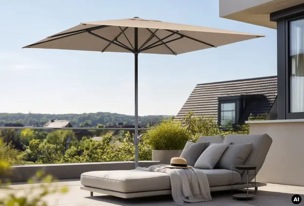 Auf einer Terrasse spendet der Schneider Sonnenschirm Korsika Schatten über einer bequemen Liege, auf der ein Hut und eine Decke liegen. Im Hintergrund sind Häuser und Bäume zu sehen. KI-generiertes Bild.