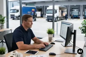 Ein Mann sitzt an einem Schreibtisch vor einem PC und arbeitet. Im Hintergrund werden LKWs beladen.
