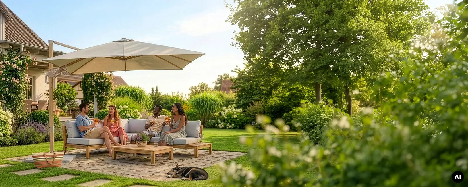 People are sitting on a lounge under the Schneider parasol Rhodso Twist Loft 300 x 300 cm in the garden, enjoying drinks. In the foreground, a dog is lying on the ground asleep. Various plants and houses can be seen in the background. AI-generated image.