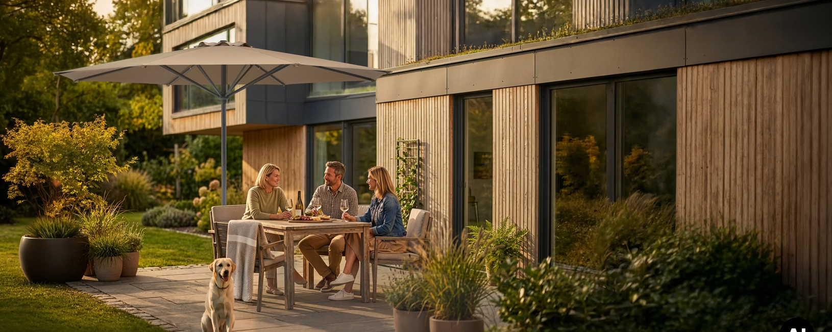 People are sitting at a dining table under the Schneider Korsika 320 cm ⌀ parasol on the terrace. A dog is sitting on the ground in the foreground. Various plants and a house can be seen in the background. AI-generated image.