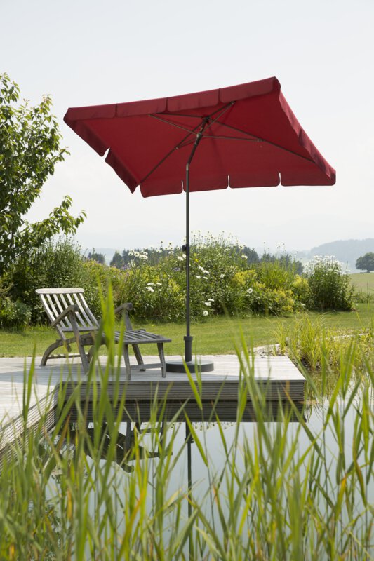 A dark red Schneider Aquila parasol, 225x120 cm, on a wooden deck by a natural swimming pool. A deck chair sits beneath it. Reeds are in the foreground and meadows and shrubs are in the background.