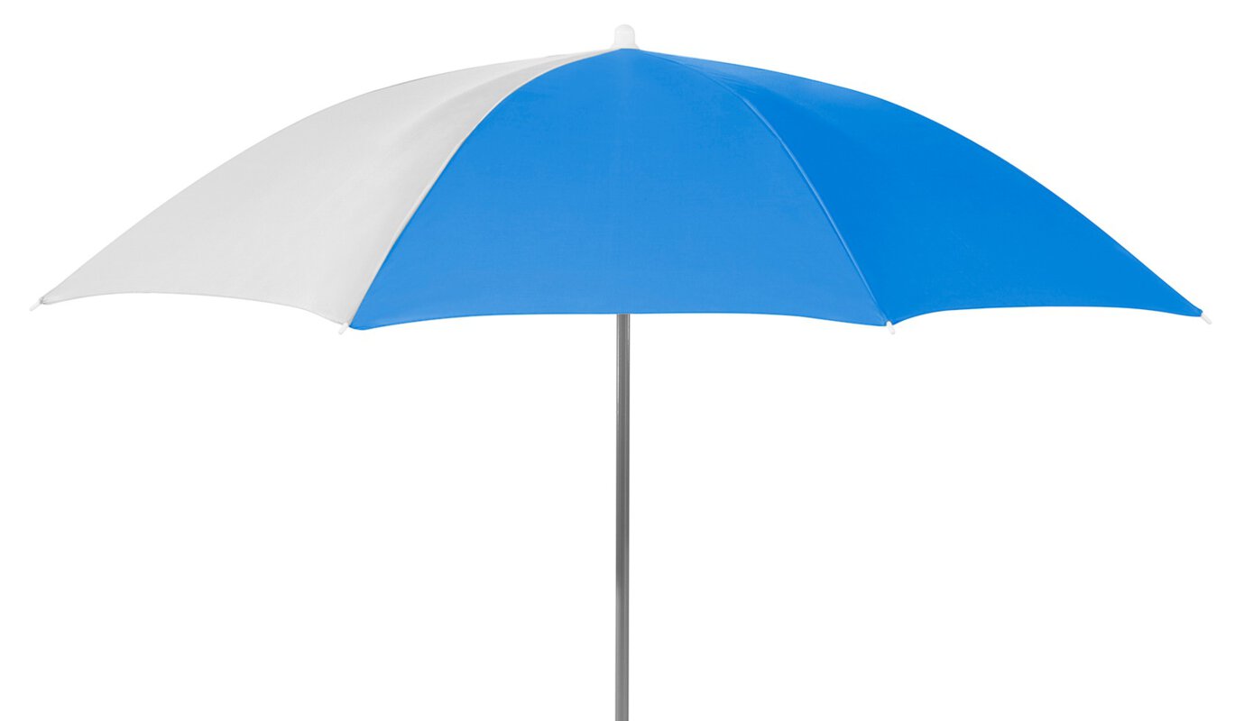 Faltbarer Schneider Sonnenschirm Easy in Blau-Weiß vor weißem Hintergrund. Wird mit Bodenspieß und Fußplatte geliefert – für einfachen Aufbau und sicheren Stand am Strand oder im Freibad.