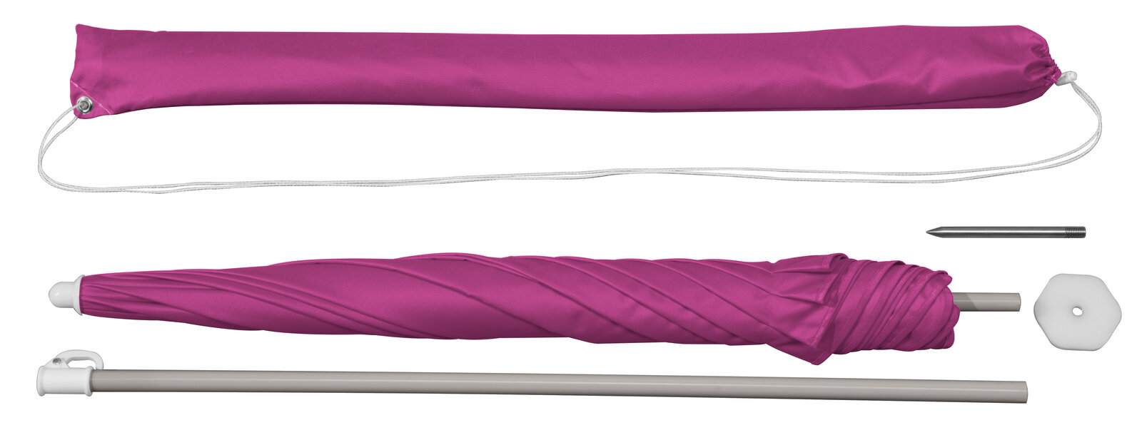 Schneider Sonnenschirm Easy in Berry, 180 cm Durchmesser, vor weißem Hintergrund - Komponenten (Tragetasche, Schirm, Stock, Fußplatte und Bodenspieß).