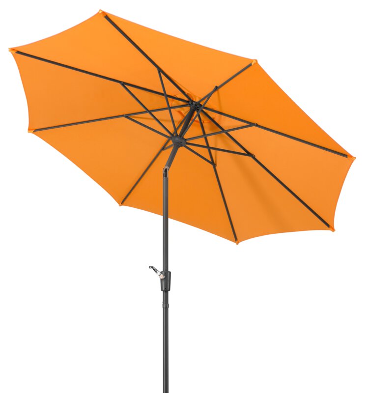 Schneider parasol Harlem in mandarin, 270 cm diameter, tilted, on a white background.