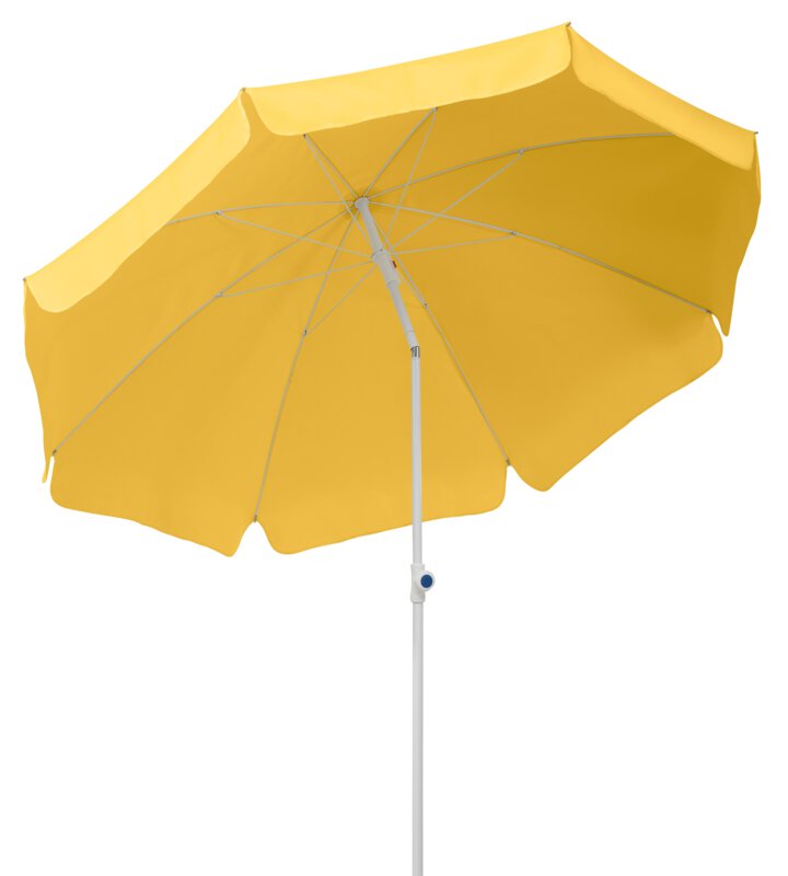 Schneider parasol Ibiza in gold yellow, 200 cm diameter, on a white background.
