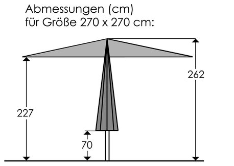 Graphic with three height measurements of the Schneider parasol Korsika (270x270 cm): total height (262 cm), passage height (227 cm) and height when closed (floor to start of ribs, 70 cm).