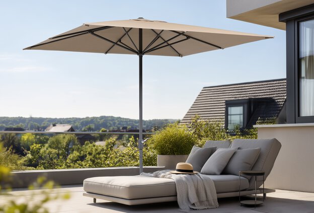On a terrace, the Schneider Korsika parasol provides shade over a comfortable lounge chair with a hat and a blanket. Houses and trees are visible in the background.