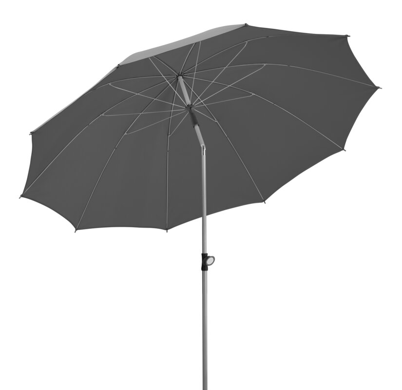 Schneider parasol Locarno in anthracite, 220 cm diameter, tilted, on a white background.
