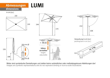 Schneider Schirme Lumi 210x130 cm Abmessungen Sonnenschirm. Grafiken die verschiedene Abmessungen des Schneider Sonnenschirms Lumi (210x130 cm) sowie die Verpackung abbilden: Die Höhe des Schattenspenders ist anpassbar (+/- 65 cm). Die Verpackung hat die Maße: Länge (142 cm), Breite (12,5 cm), Höhe (12,5 cm). Zudem ist das Gesamtgewicht angegeben: ca. 3kg.