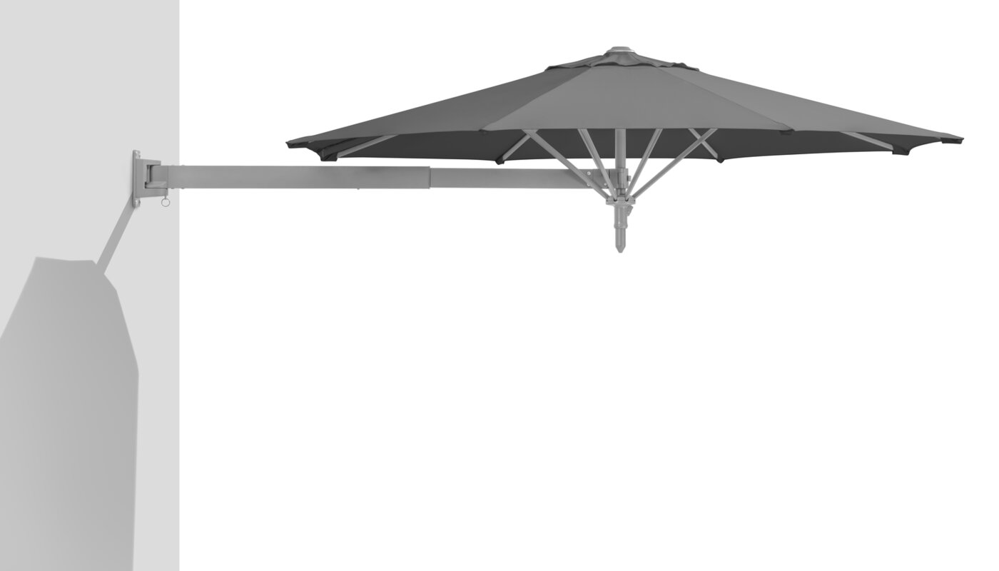 Schneider Sonnenschirm Muro in Anthrazit, 250 cm Durchmesser, an Wand montiert, mit ausgefahrenem Ausleger.