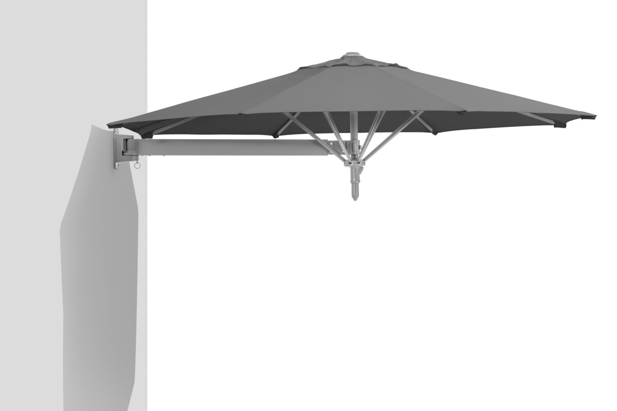 Schneider Sonnenschirm Muro in Anthrazit, 250 cm Durchmesser, an  Wand montiert, mit eingefahrenem Ausleger.