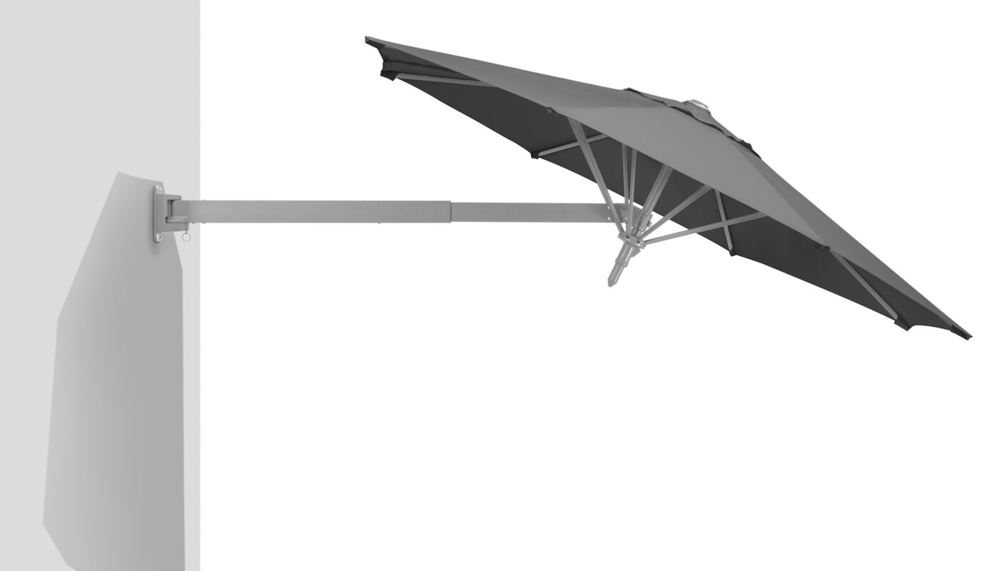 Schneider Sonnenschirm Muro in Anthrazit, 250 cm Durchmesser, an Wand montiert, mit ausgefahrenem Ausleger, geknickt.