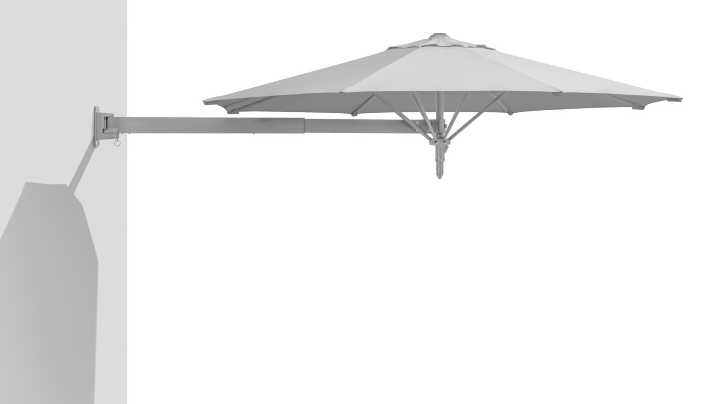 Schneider Sonnenschirm Muro in Silbergrau, 250 cm Durchmesser, an Wand montiert, mit ausgefahrenem Ausleger.