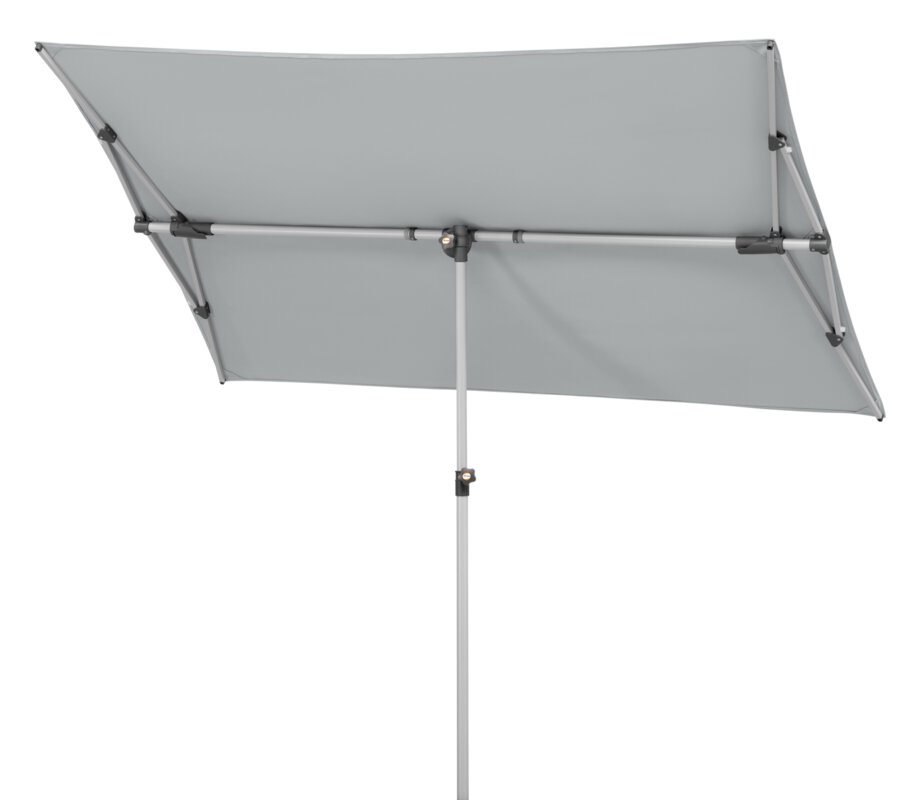 Schneider parasol Novara in silver grey, 190x140 cm, tilted, on a white background.