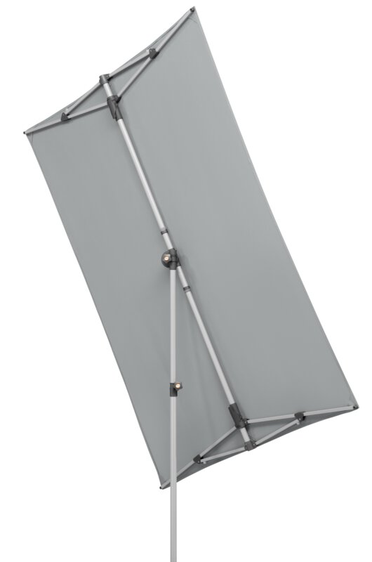 Schneider parasol Novara in silver grey, 190x140 cm, tilted, on a white background.