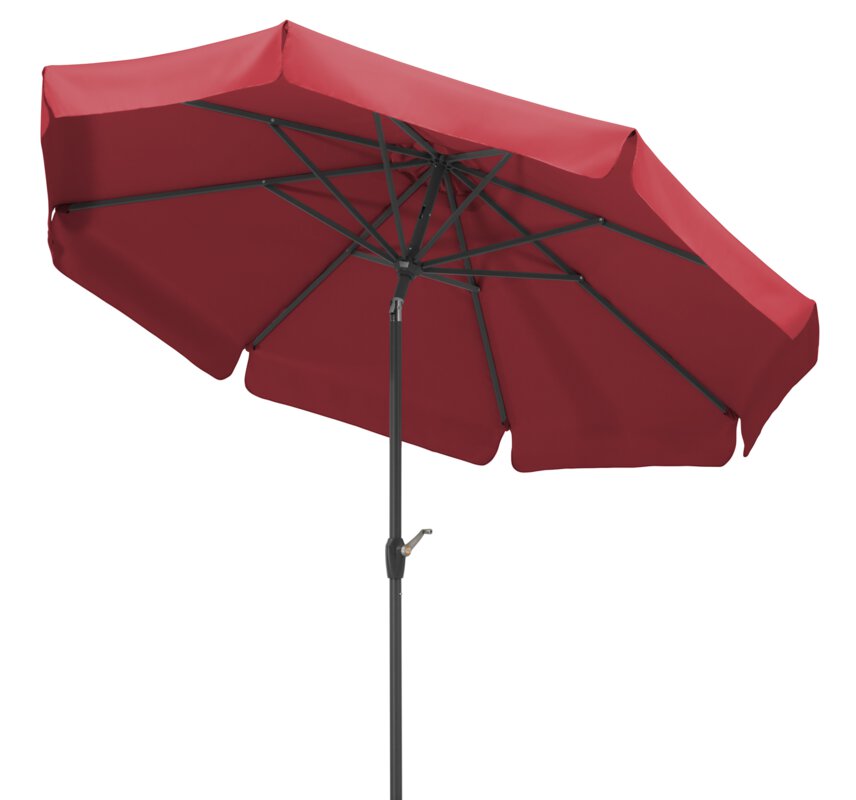 Schneider parasol Orlando in red, 270 cm diameter, tilted, on a white background.