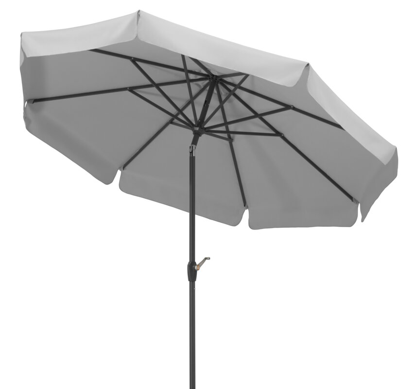 Schneider parasol Orlando in silver grey, 270 cm diameter, tilted, on a white background.