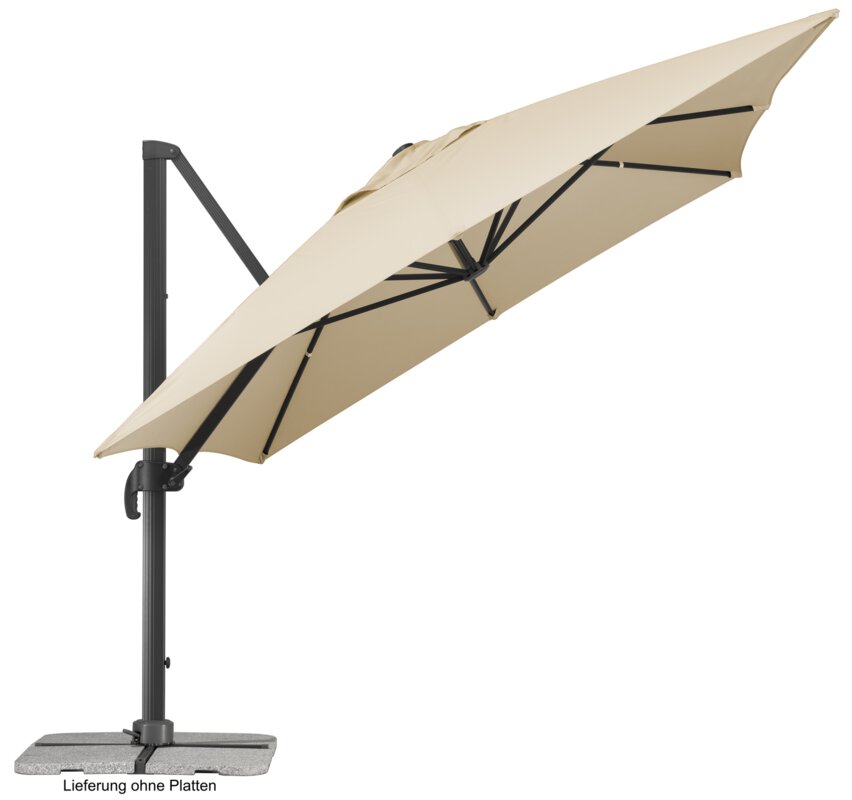 Schneider parasol Rhodos Grande in ecru, 400x300 cm, inclined, on a white background.