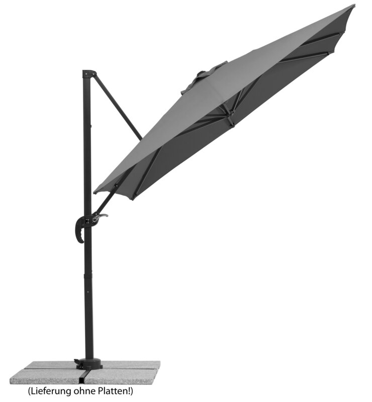 Schneider parasol Rhodos Junior in anthracite, 230x230 cm, inclined, on a white background.