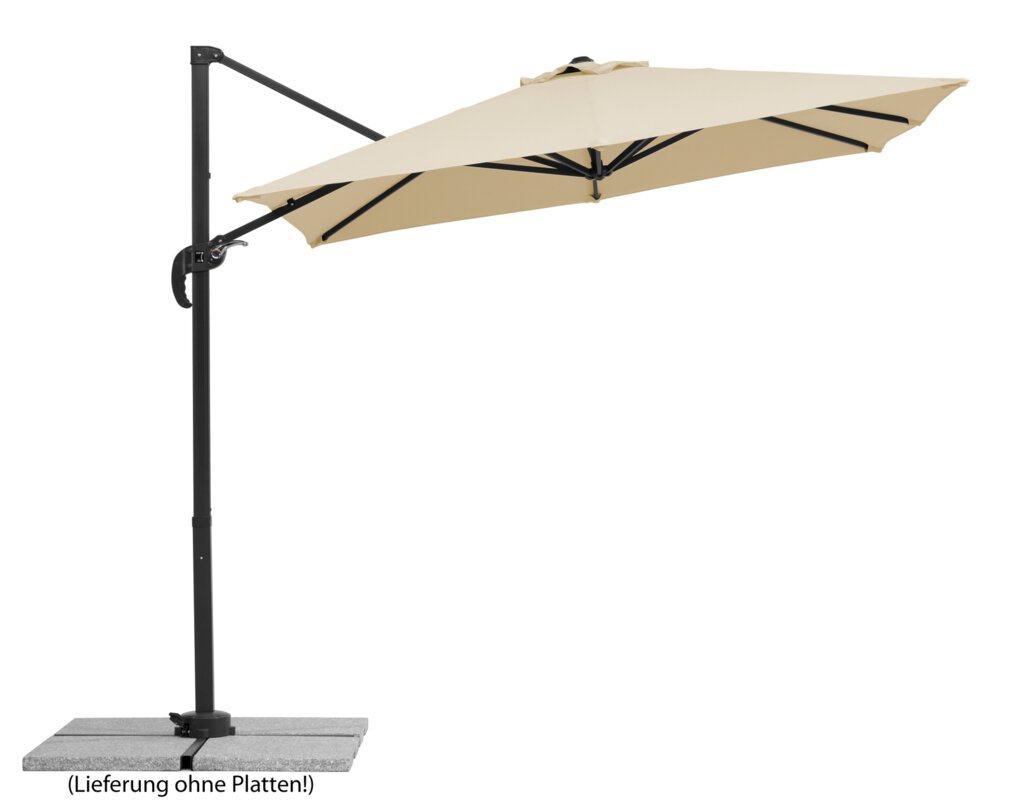 Schneider parasol Rhodos Junior in ecru, 230x230 cm, inclined, on a white background.