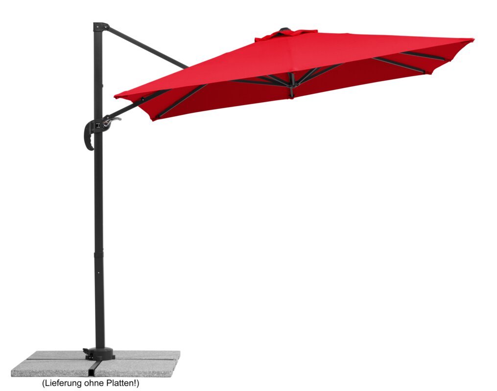 Schneider parasol Rhodos Junior in red, 230x230 cm, inclined, on a white background.