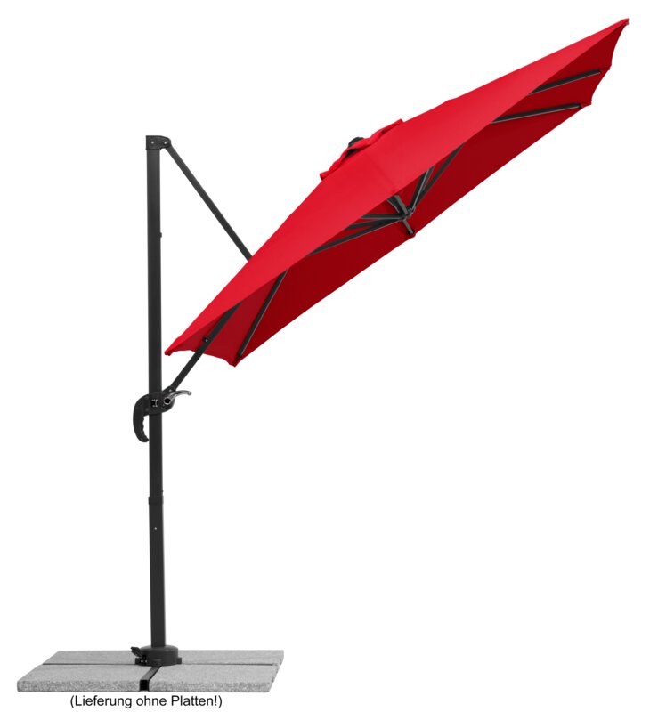 Schneider parasol Rhodos Junior in red, 230x230 cm, inclined, on a white background.