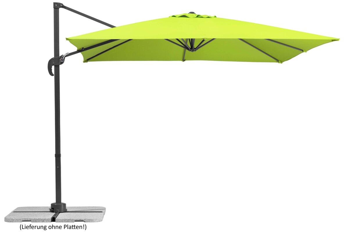 Schneider Ampelschirm Rhodos Junior in Apfelgrün auf weißem Hintergrund, zeichnet sich aus durch bewährtes Griffdesign mit integrierter Kurbelmechanik zum Öffnen und Neigen, verstellbar durch Dreh- und Neigfunktion, mit UV-Schutz für Garten und Terrasse.